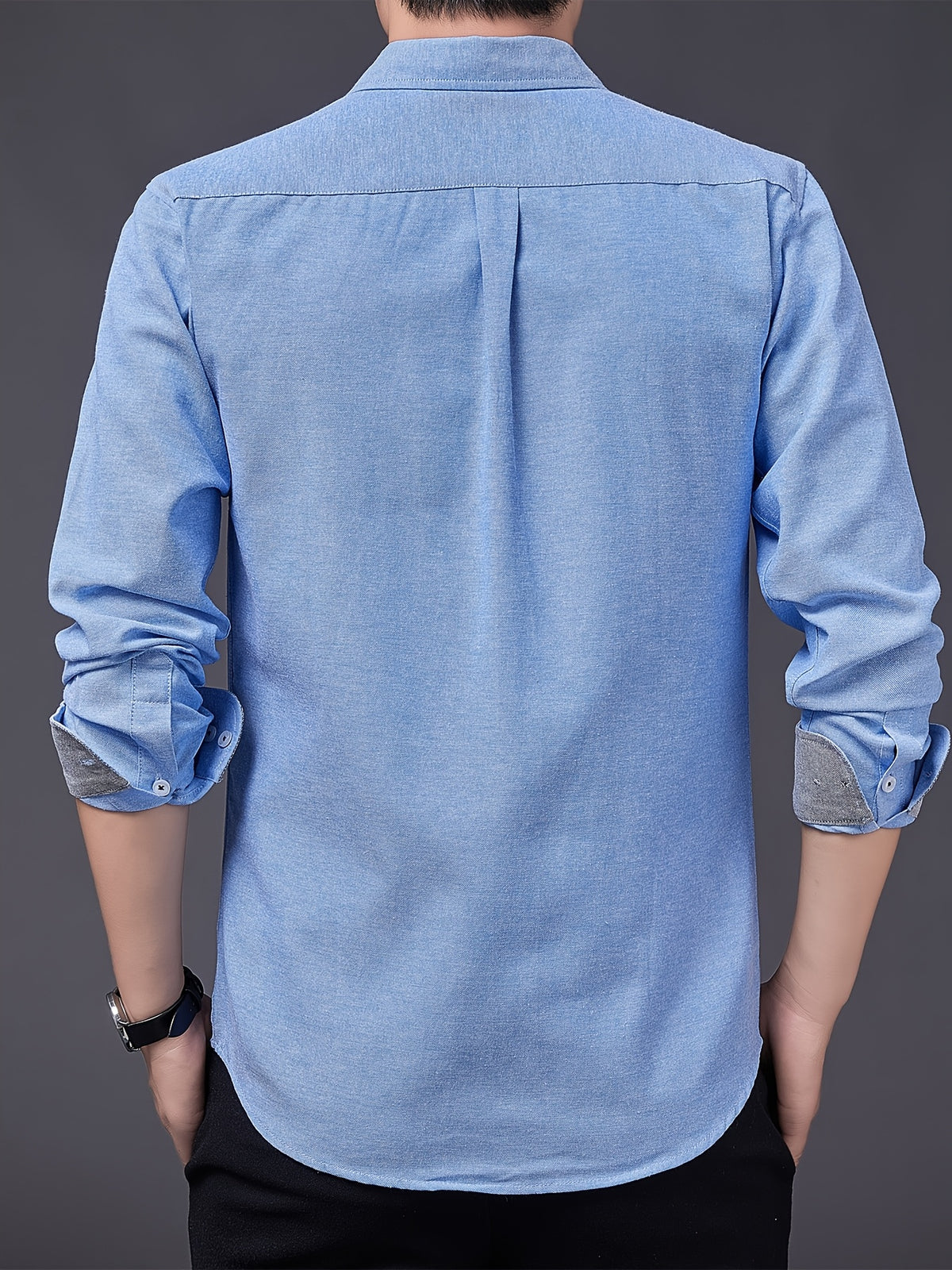 Men's Oxford Cloth Long-Sleeve Shirt for Spring/Autumn, with Lapel Collar, Simple Pocket, and English Print Decoration. Features Contrast Color Cuffs and Collar Design. A Versatile Basic Shirt for Business Casual Wear, Available in Multiple Colors - Light Blue