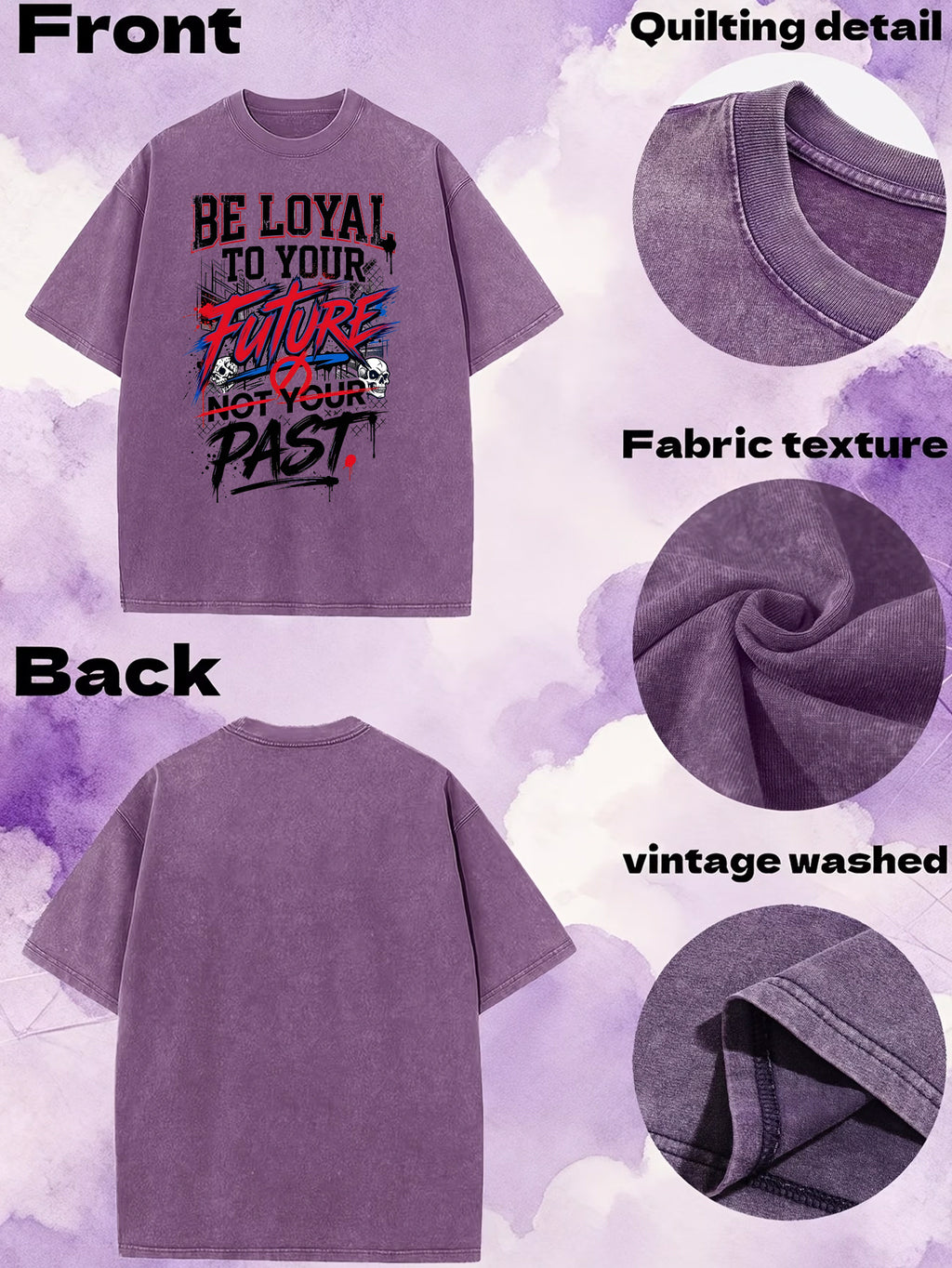 American-Style Washed Vintage Skull Graphic T-Shirt, Dark High Street Fashion Short Sleeves, Loose Fit with Motivational Slogans for Men - Purple