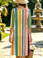Multicolor Stripe PrintWomen Fall Winter V Neck Slit Dress, Daily Casual Gift Giving Party, Elegant Business Commute, Figure Flattering Trendy Digital Print. - Multicolor