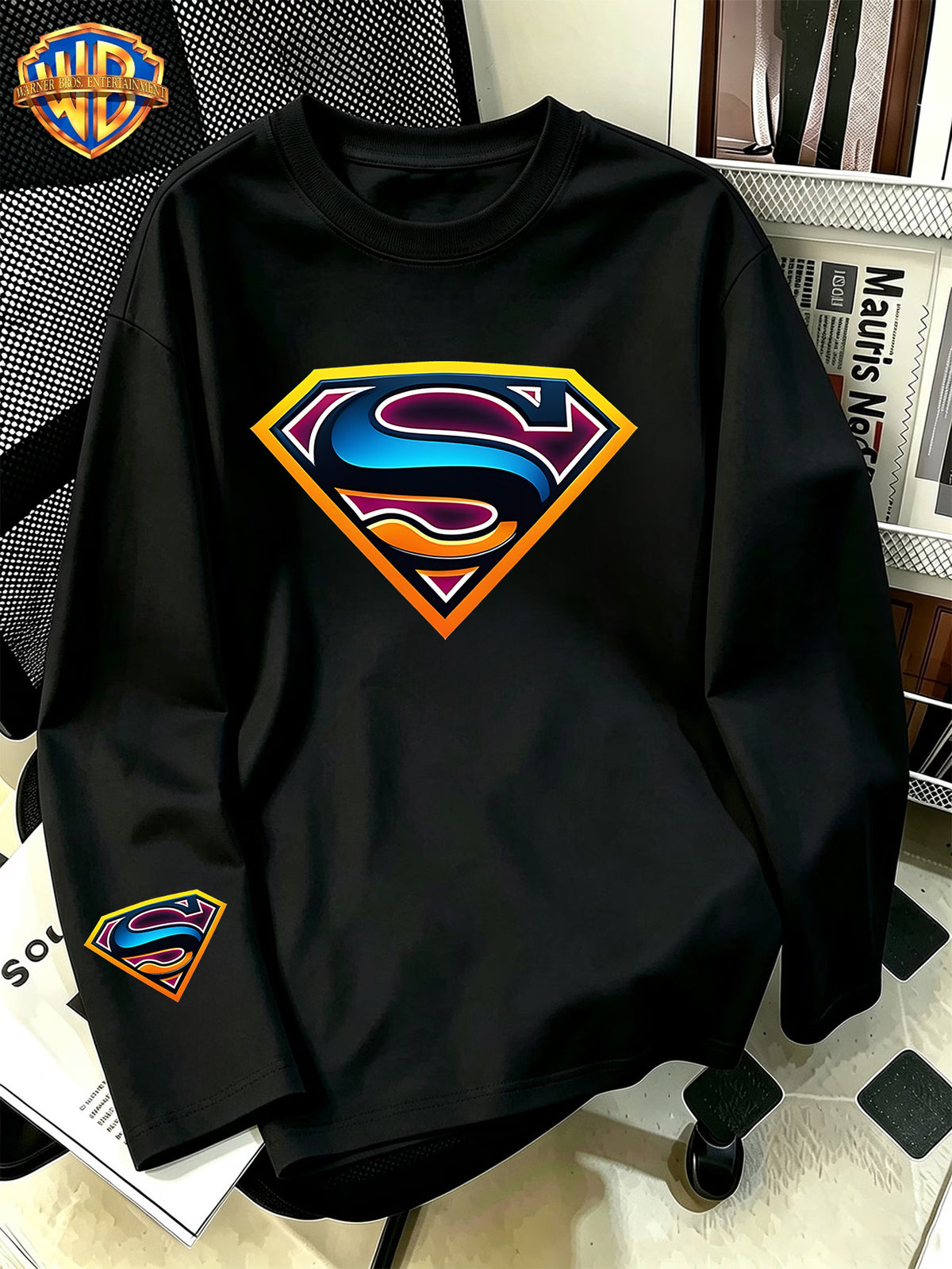 DC Superman Retro Gradient S-Logo Print Men'S Breathable Athletic Long Sleeve T-Shirt, 100% Round Neck Casual Base Layer, Comfortable And Lightweight for Sports, Exercise, Daily Outings - Black