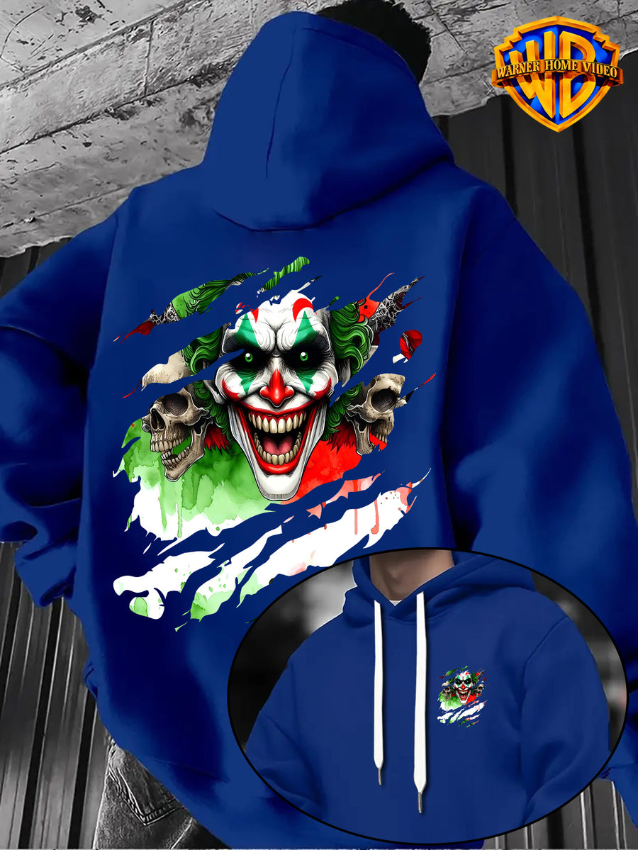 [Officially Licensed by Warner Bros] 1pc, Street Ripped Texture Dark Skull Clown Portrait Casual Hoodie - Men'S Fashion Sweatshirt, Adjustable Drawstring Loose Comfortable Hoodie, Suitable for Daily And Outdoor Wear - Blue