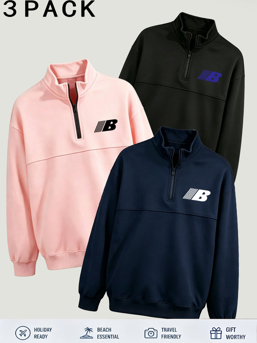 Women's 3pcs Outfit, Half-Zip Stand Collar Printed Sweatshirt, Casual Oversized Drop Shoulder Long Sleeve Top, Lined for Autumn & Winter, Versatile Slim-Fit - Black + Pink + Navy