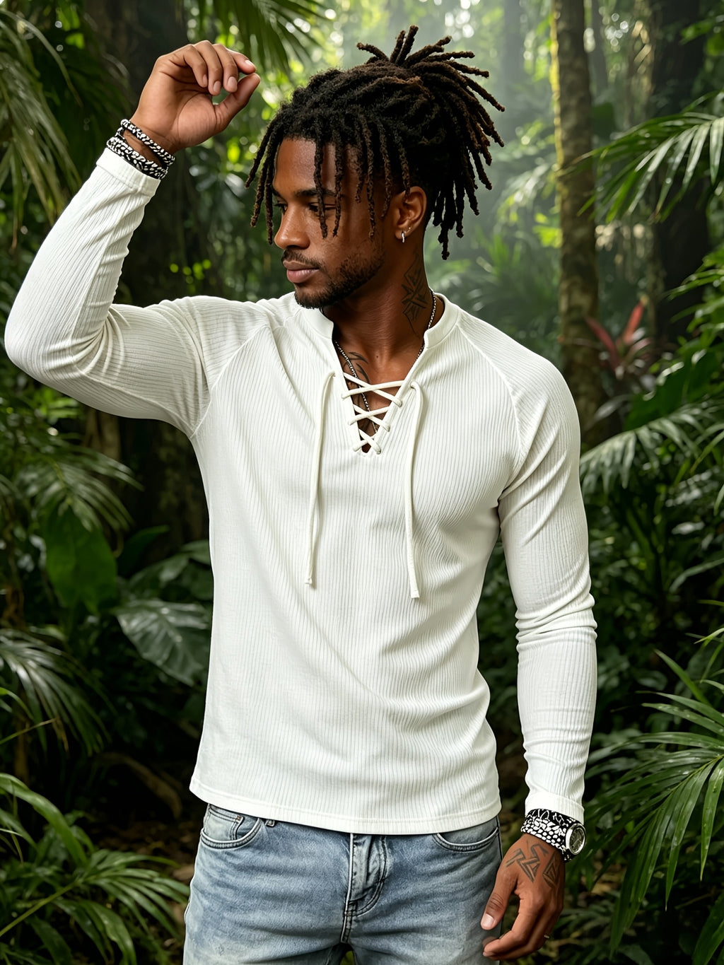 3pcs Men's Vintage Ribbed Knit Henley Long Sleeve Shirt - V-Neck Tie-Back Design, Slim Fit for a Slimming Look, American Tough Guy Style Raglan Sleeve T-Shirt, Versatile Base Layer for Autumn/Winter Fitness, Sports, and Streetwear - Gray+black+white