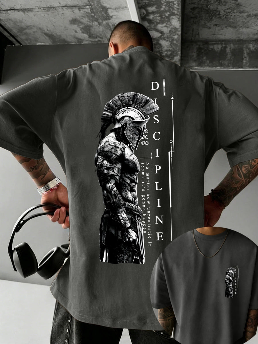 Men'S 100% T-Shirt, Spartan Warrior Discipline Print, All-Season Wear, Casual Sporty Comfortable Breathable - Dark Gray