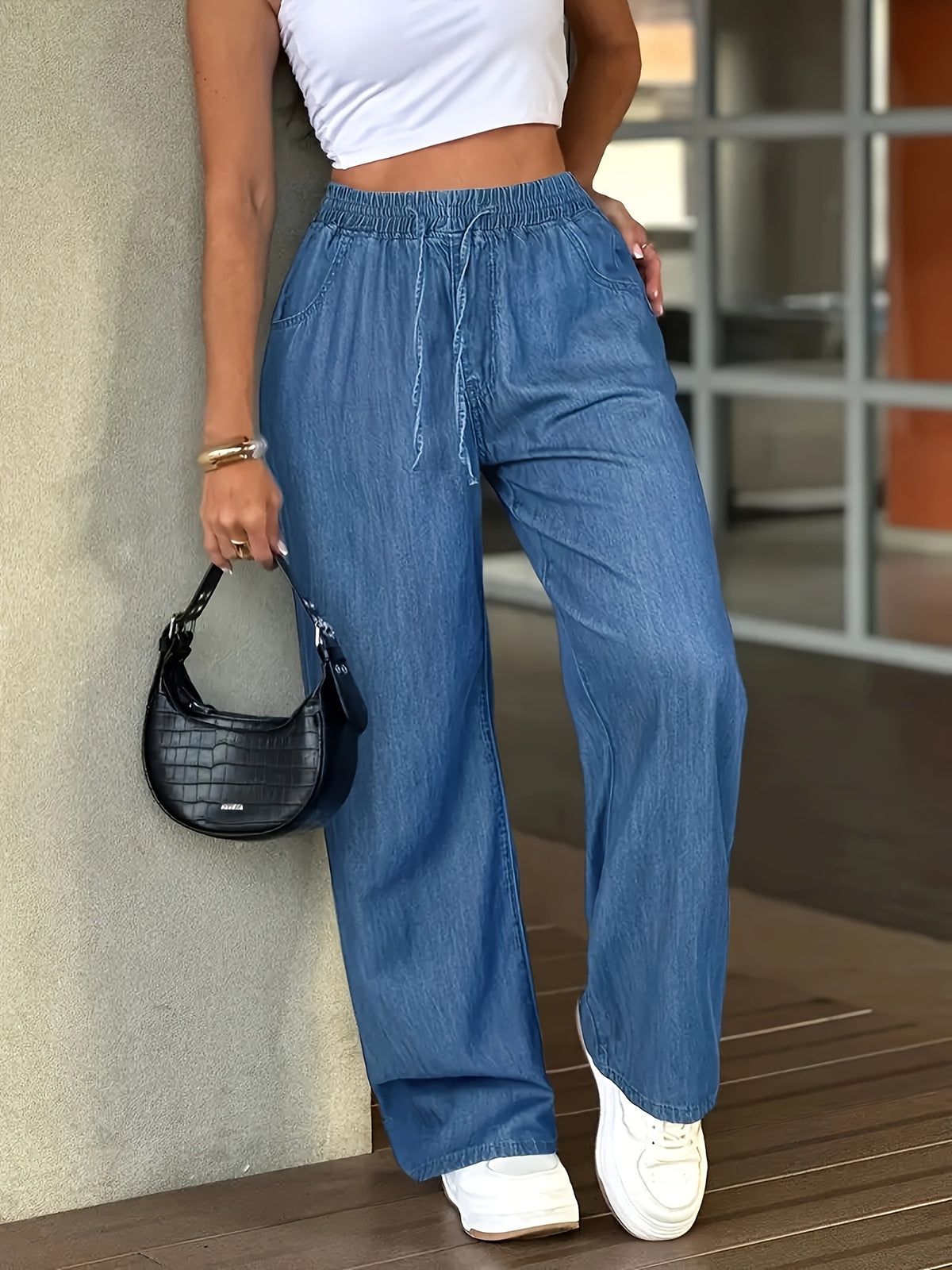 Women'S High-Waist Straight-Leg Jeans with Elastic Drawstring Waistband - Comfortable Casual Trousers, Medium Blue, Loose Fit, All-Season, Casual Denim | Straight-Leg Jeans | Fabric, Suitable for Daily Commute, Vacation Travel, Trendy Gatherings - Sky Blue