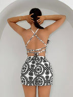 Women'S Summer Vacation Full Print Tassel Top with Halter Neck And Shorts Set - Black