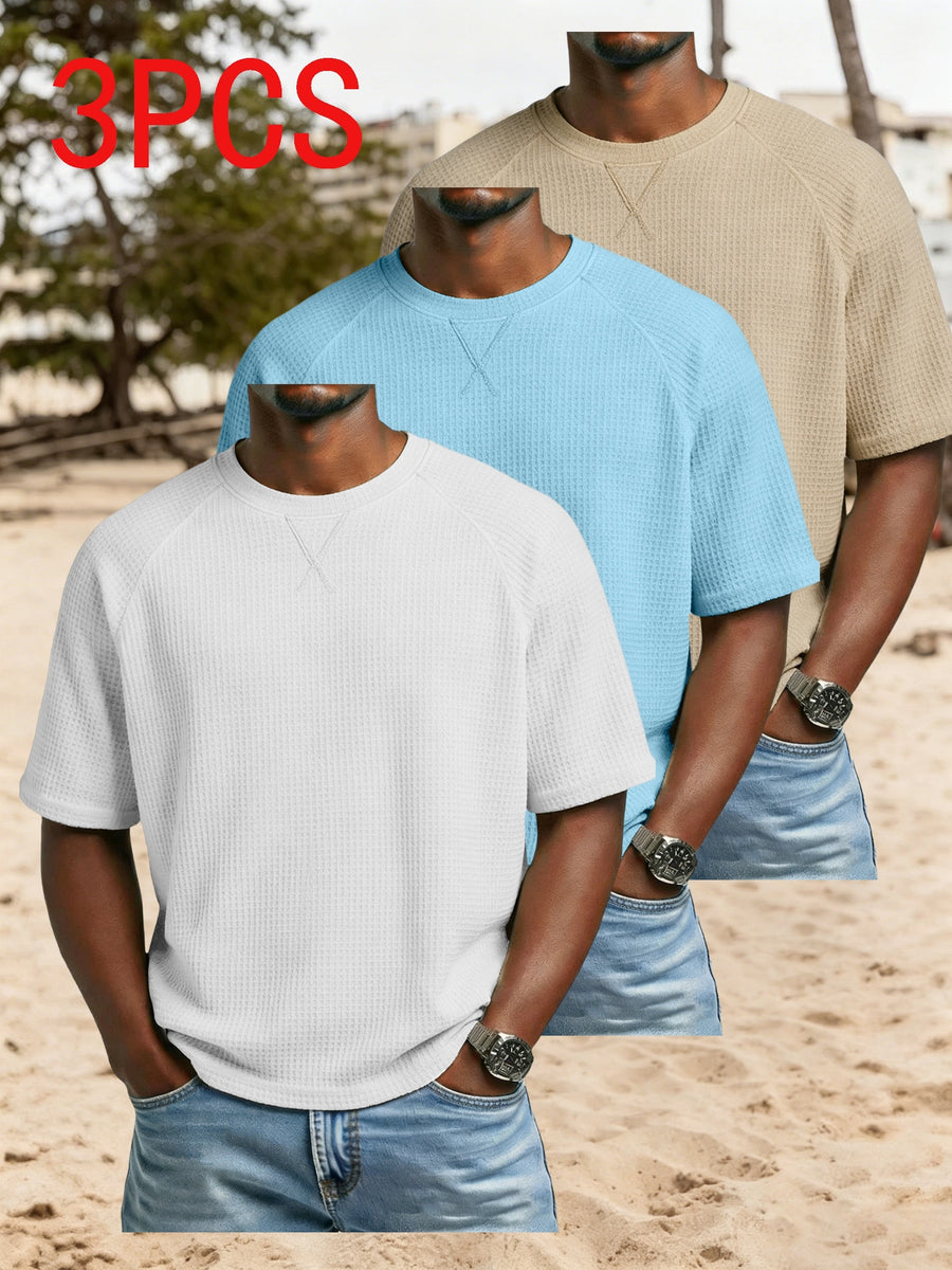 3pcs Set Men'S Waffle Knit Short-Sleeve T-Shirts, Lightweight And Breathable Crew Neck Tops. Suitable for Daily Casual Wear, Summer Vacations And Outdoor Activities. Loose Cut, Soft And Comfortable Fabric, Versatile Daily Fashion Style - White+light blue+khaki