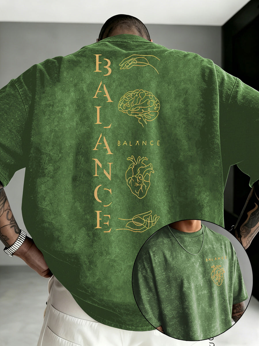 Men'S Distressed BALANCE Balance Print T-Shirt, Regular Casual Round Neck Short Sleeve, Minimalist Niche Trendy Top - Green