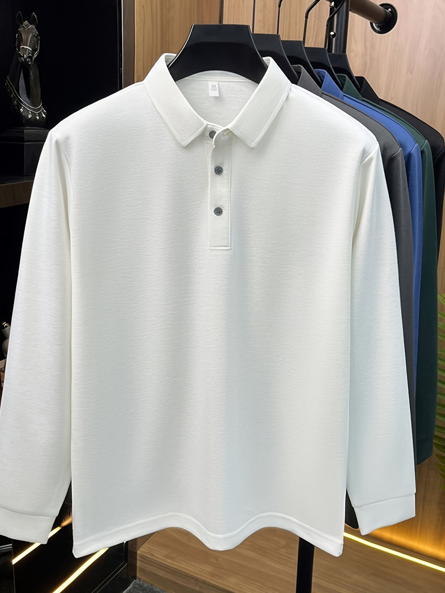 Men's Solid Color Long-Sleeve Polo Shirt, Simple and Clean Design Without Logo, Slightly Relaxed Fit, Flattering on All Body Types, Suitable for Spring and Autumn - SINBOS - White