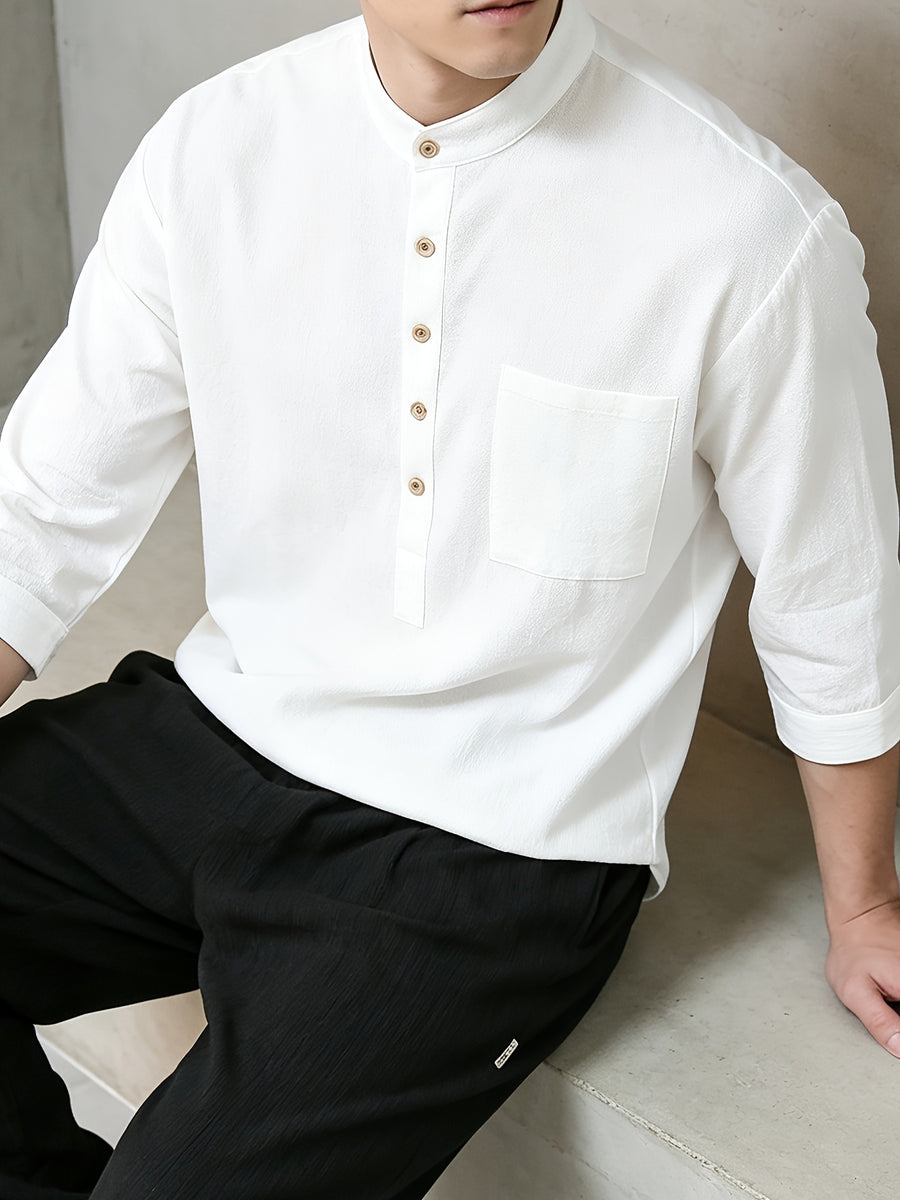 Pullover Three-Quarter Sleeve Shirt Men'S Summer Chinese Style Casual Stand-Up Collar Solid Color T-Shirt Short Sleeve Loose Shirt - 10225-7788 White