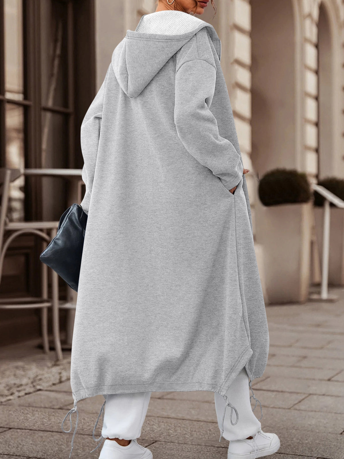 Women's Slightly Elastic Long Hooded Zip - Up Jacket for Autumn Winter, Solid Color. Long hooded style with zip, slightly elastic fabric is soft. Drawstring hem adds a trendy touch, warm and practical, great for casual looks - Grey