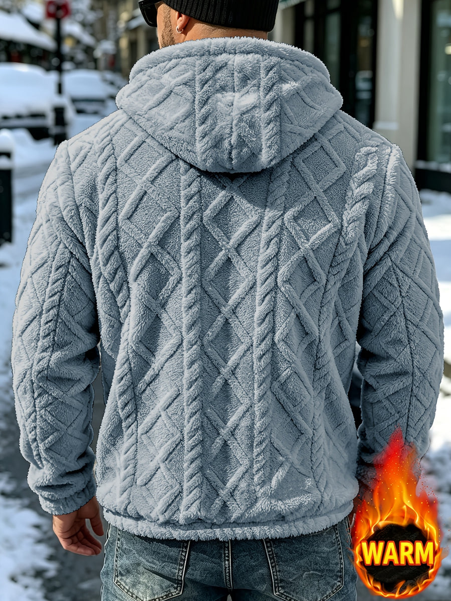 Men's Winter Casual -Lined Warm Hooded Sweatshirt, Soft Pullover with Large Pocket, Cable Knit Texture, Loose Fit, Suitable for Travel, Vacation, Outdoor, Streetwear, Daily Commuting, and as a Gift Option - Grey