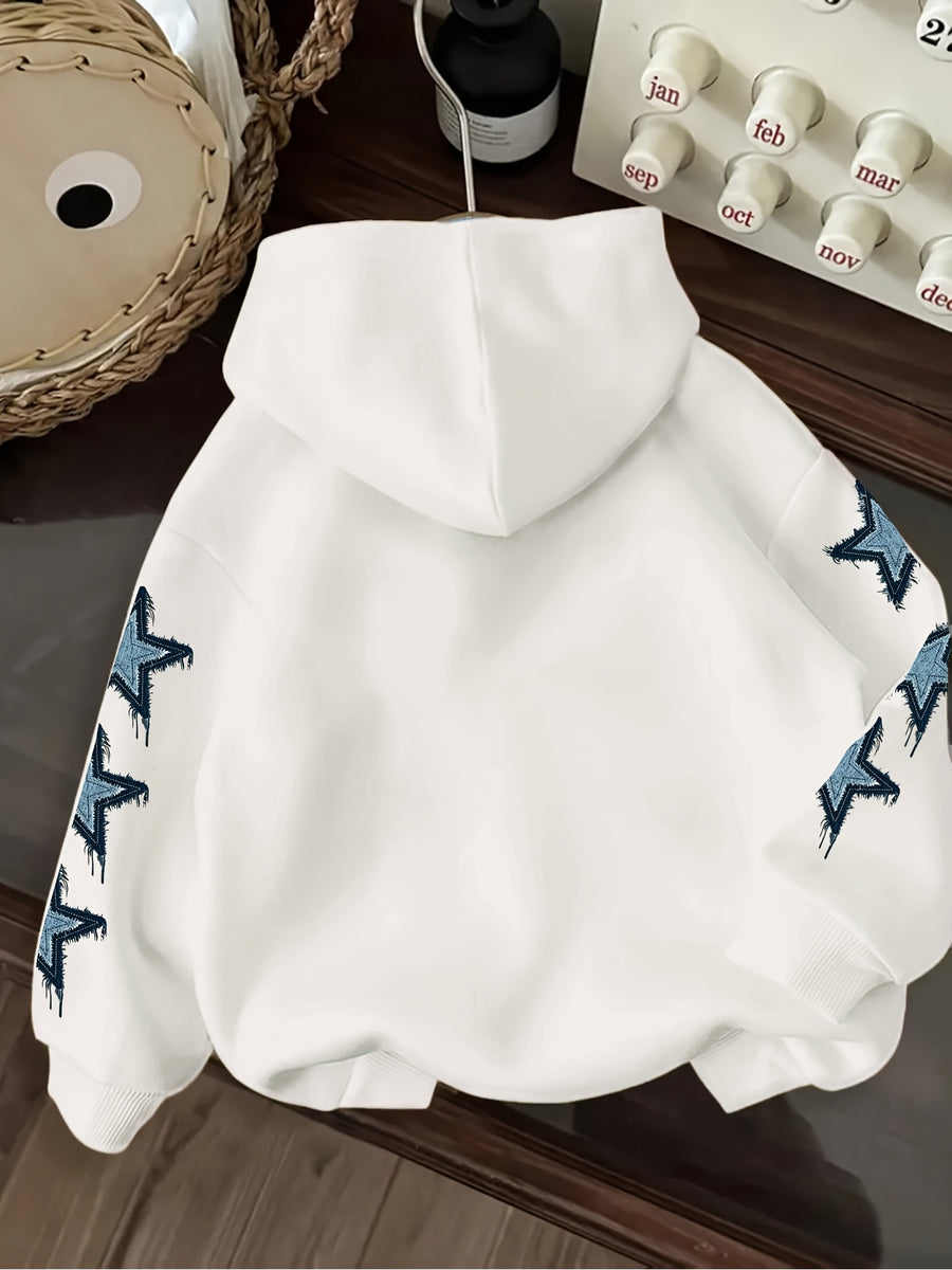 Vintage Denim Fringe Star Hooded Sweatshirt with All-Over Five-Pointed Star Print, a Versatile Casual Hoodie Top for Spring and Autumn - White
