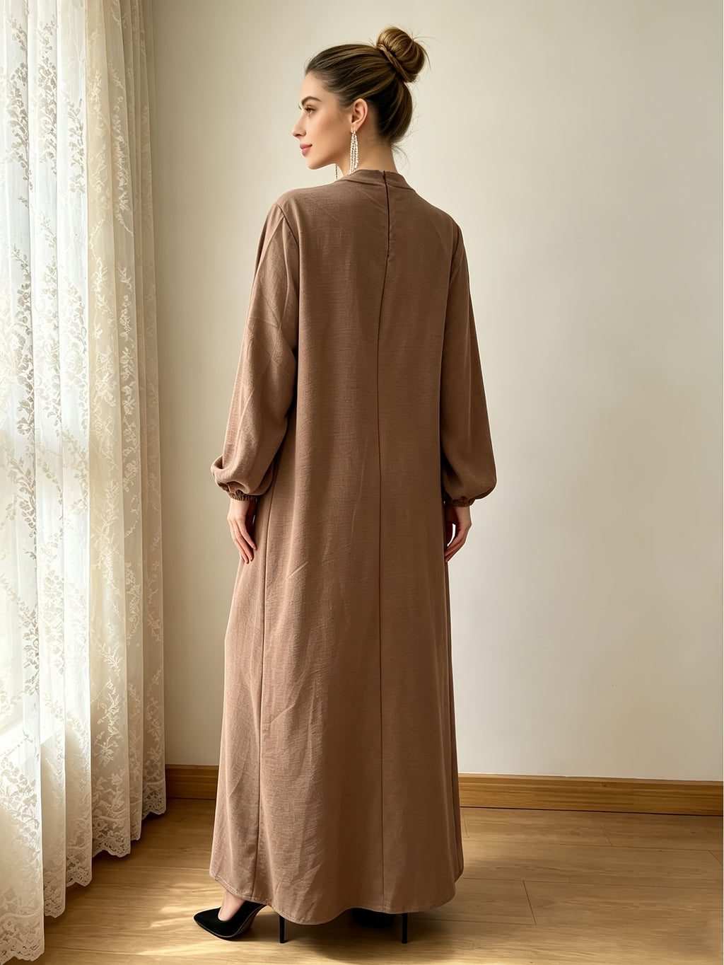1pc (Headscarf Not Included) Solid Color Ruffled Neckline Long Robe Elegant Dress All-Season Casual Party Wear (Abaya) Women'S Muslim Attire Muslim Robe Ladies Summer Abaya Women'S Clothing - Khaki