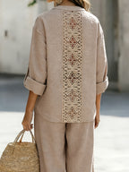 Spring/Summer Loose-Fit Shirt and Wide-Leg Pants 2pcs Set for Women, with Lace Cut-Out Back Design, a Lazy, Casual, and Commuter-Friendly Temperament Set 2A11794 - Linen