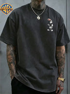 Men'S Washed Short-Sleeve T-Shirt, Back Print of Classic Cartoon Rabbit, Wearing Baseball Jacket And Hat, Holding Phone, Showcasing Trendy Street Style. Chest Adorned with Same Small Pattern, Rich in Details, Full of Design Sense - Black