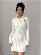Women'S Elegant Fashion Embroidery, Long Sleeve Twisted Rope Cable Pullover, Autumn Winter Versatile Dress Sweater - Off-white