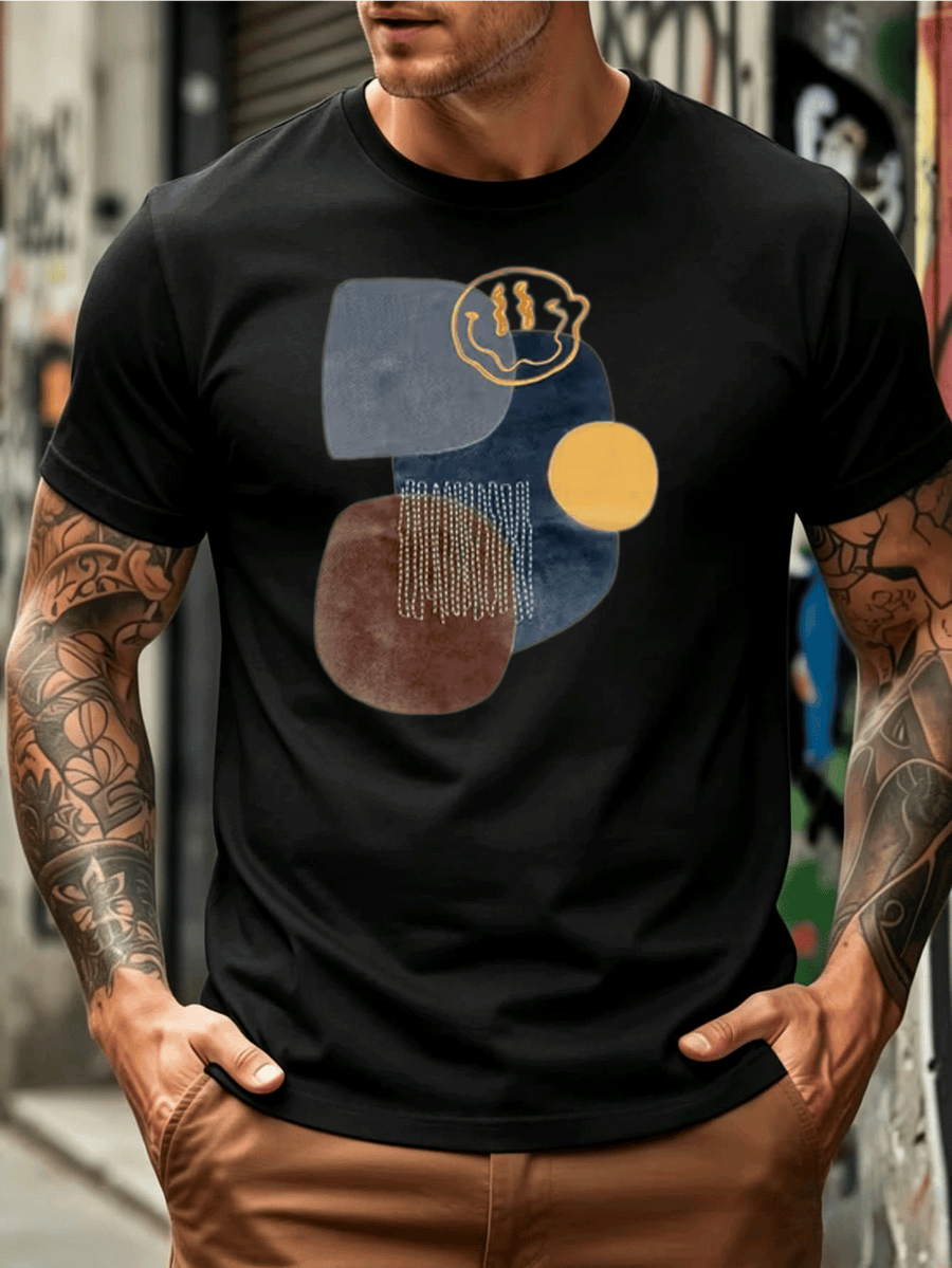 Geometric Print Color-Block Easy Creative Men'S Adult T-Shirt. Suitable for Various Outdoor Sports And Travel. Ideal for Holiday Gatherings. Yellow Gray Blue Contrast Design Comfortable Breathable Fabric Showcasing Unique Urban Fashion Trendy Style - Black