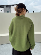 Applique Detail Drop Shoulder Half-Zip Fleece Sweatshirt, Perfect Choice for Women'S Fall Winter - Green