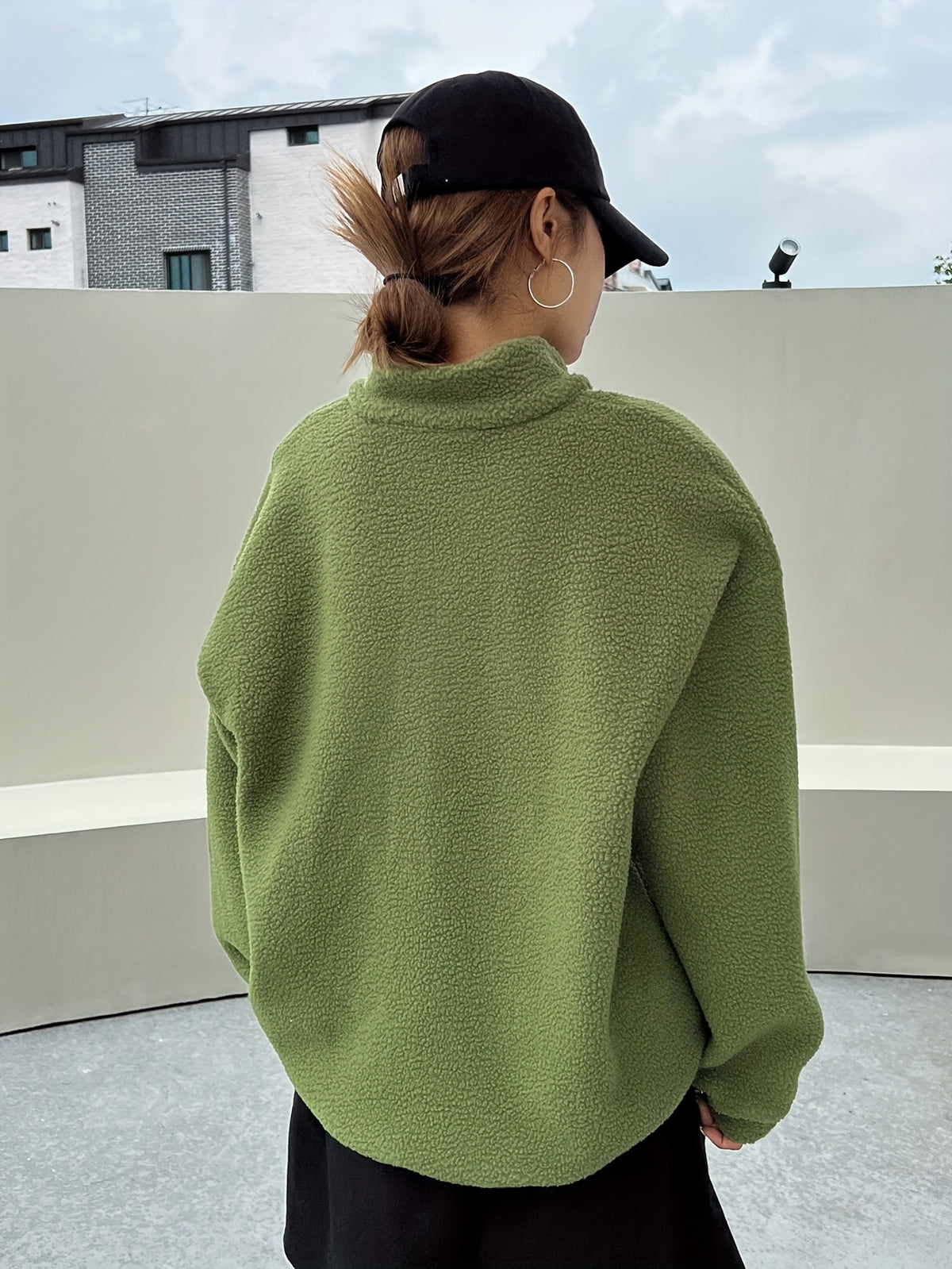 Applique Detail Drop Shoulder Half-Zip Fleece Sweatshirt, Perfect Choice for Women'S Fall Winter - Green