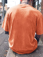 Short Sleeve T-Shirt, Half-Sleeve Top, Pure Cotton Washed Distressed Loose Fit, Compass Print, Multiple Colors for Mix and Match, American Streetwear, Chinese National Trend, High Street, Hip-Hop, Y2K Style, Daily Streetwear, Sports - Orange