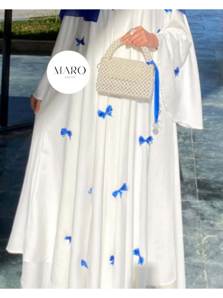 Middle Eastern Arab Women'S New Dubai Loose Trumpet Sleeve Bow Long Robe Dress - Blue