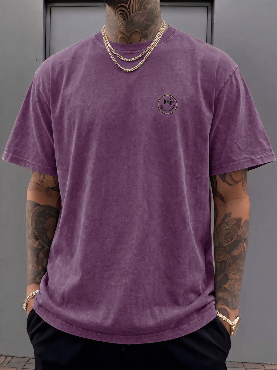 Short-sleeve T-shirt, Half-sleeve Top with a Small Joyful Face and Simple Circular Logo Print on the Chest, Trendy Print Available in 12 Colors for Mix-and-match. Made of Pure Cotton with a Washed and Distressed Effect, Featuring a Loose Fit. - Purple