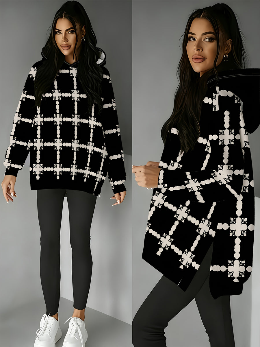 Fashionable Women's Hooded Sweatshirt with Side Slit Design, Suitable for Autumn and Winter Wear. Perfect for Casual Outfits, Featuring a Striking Vintage-style All-over Print of Black and White Plaid and Floral Patterns. The Loose, Dropped-shoulder - Mixed colors