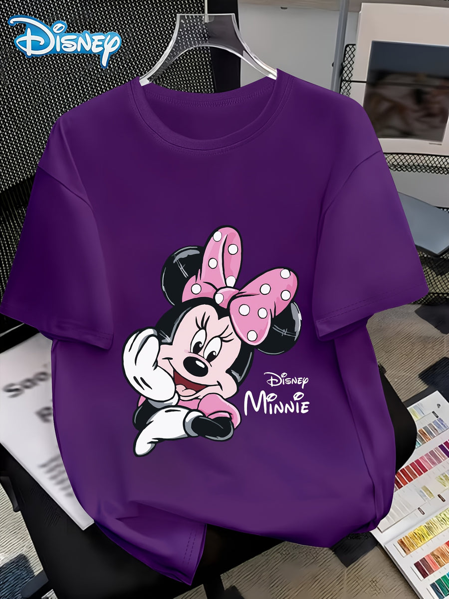 Disney Minnie with a Smile on Her Cheek Printed Fashion Women'S Round Neck Casual T-Shirt, Comfortable Fabric Short Sleeved, Round Neck Women'S T-Shirt, Worn in Spring And Summer - Purple