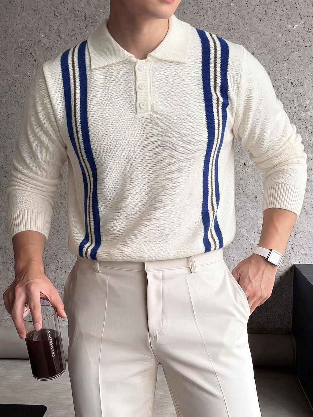 Men's Spring/Autumn POLO Sweater, Lightweight Button-Up Knit Top, Men's Shirt, Contrast Color Pattern, Casual Sporty Vintage Business Style, Comfortable Soft Fabric, Lapel Button-Up Sweater - White