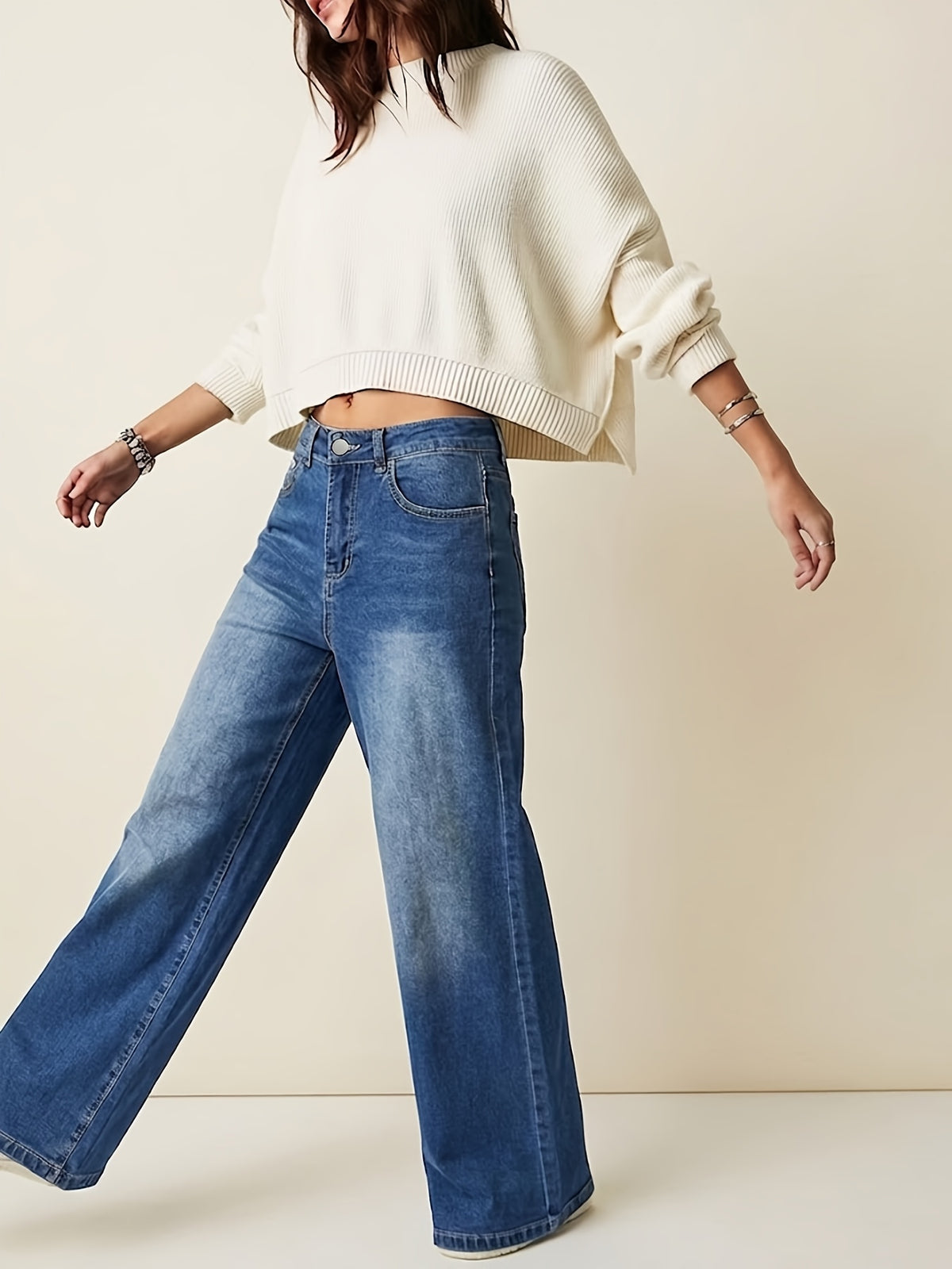 Women'S Fashion Comfortable Loose Wide-Leg Straight Jeans, Washed Blue Casual Trousers, Classic Versatile Comfortable Fit, Breathable Non-Stuffy Fabric, Suitable for All Seasons, Ideal for Vacation, Leisure, Office, Travel, Home - Royal Blue