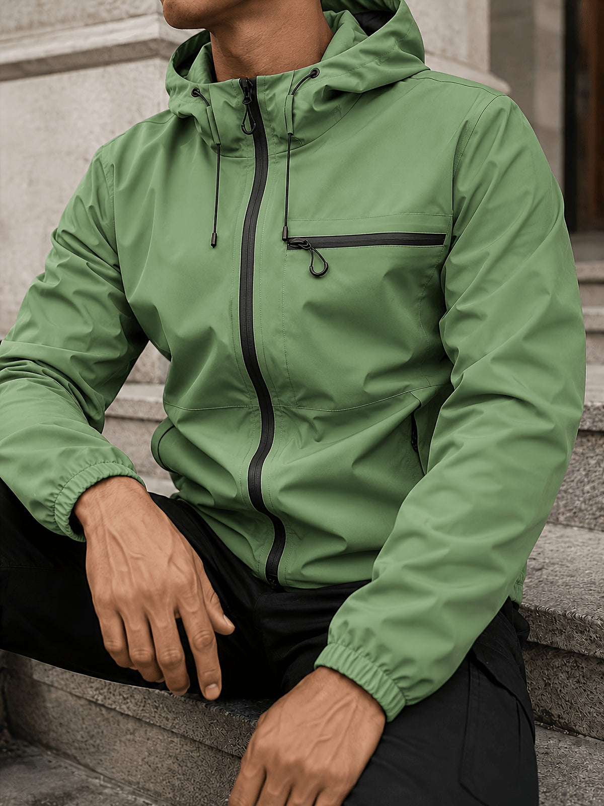 Men's Hooded Functional Jacket, Outdoor Casual Windproof Outerwear, Stand Collar Zipper Multi-Pocket Top, Spring/Autumn Urban Commuting Sports Jacket - Fruit Green