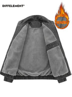 DIFFELEMENT Men's Stand Collar Washed Distressed -Lined Jacket with Inner Lining for Locking in Heat, Cold Resistance, Wear Resistance, Wrinkle Resistance, and Windproof Features. Full Zipper Closure Design with Side Insert Large Pockets - Black