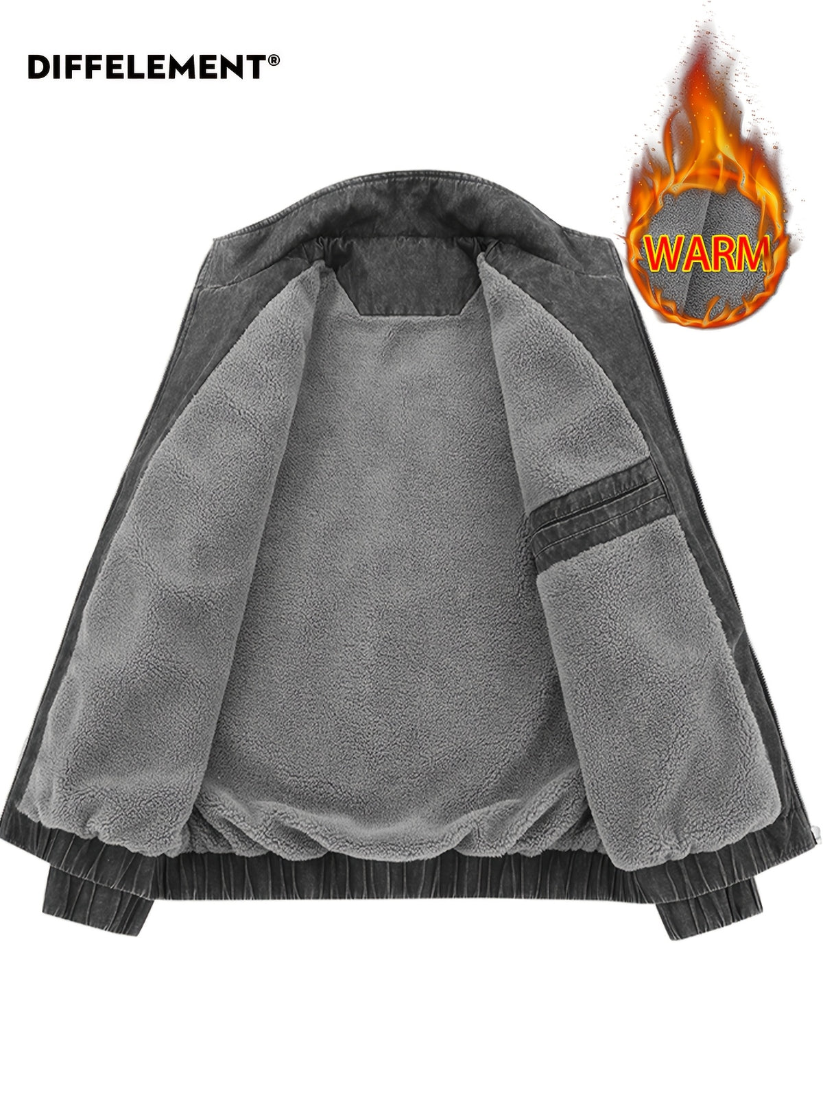 DIFFELEMENT Men's Stand Collar Washed Distressed -Lined Jacket with Inner Lining for Locking in Heat, Cold Resistance, Wear Resistance, Wrinkle Resistance, and Windproof Features. Full Zipper Closure Design with Side Insert Large Pockets - Black