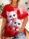 New Women'S T-Shirt with Digital Print of Two Fluffy White Kittens with Blue Eyes, Holding a Red Heart-Shaped Pattern, Surrounded by Red Roses And Heart Designs, Round Neck Short Sleeve Summer Top, Casual Outdoor Wear - Mixed colors