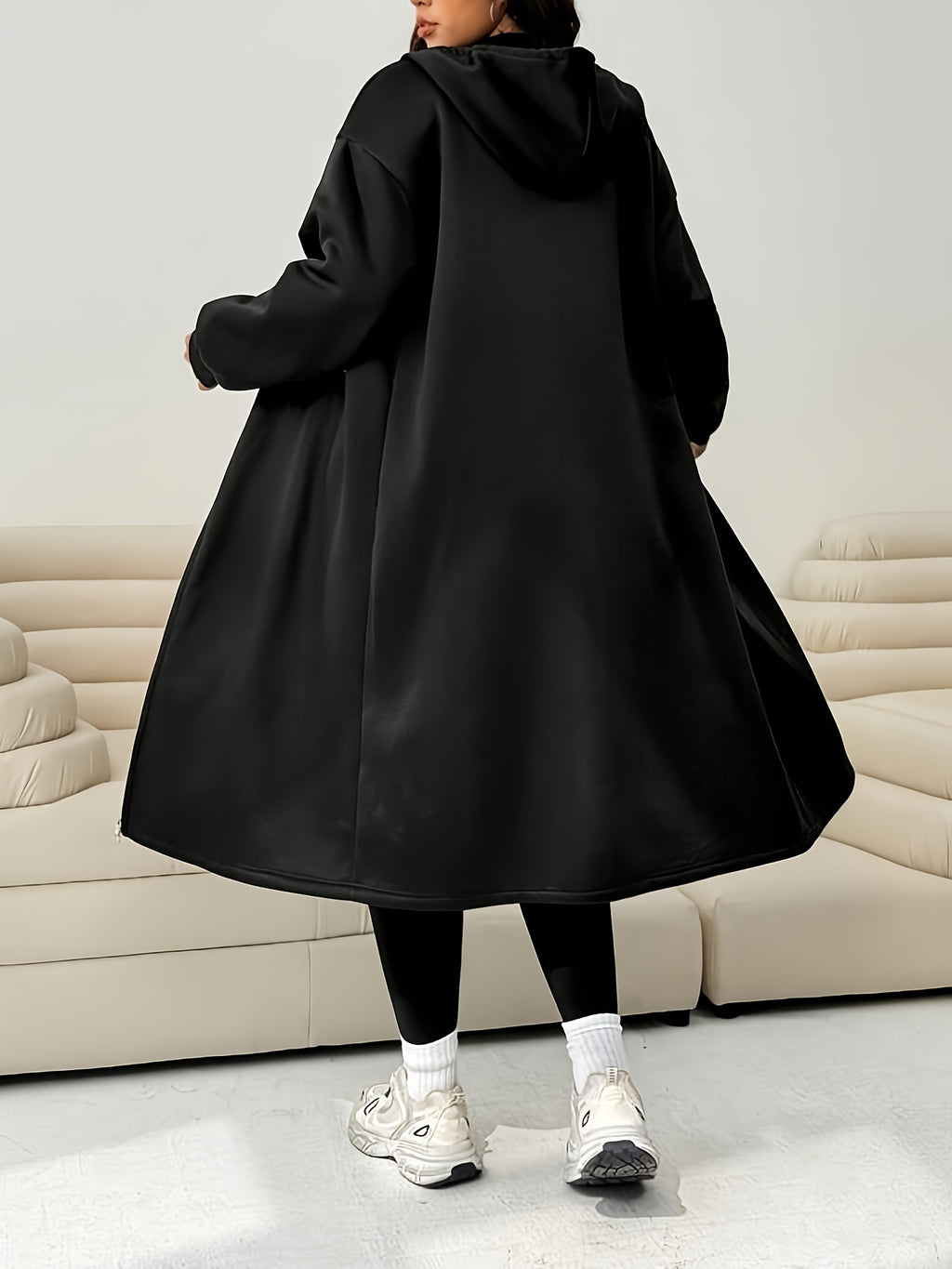 Plus Size Women'S Casual Fleece Jacket, Autumn Winter New Long Sleeve Off-Shoulder Zipper Drawstring Hooded Jacket - Black