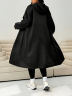 Plus Size Women'S Casual Fleece Jacket, Autumn Winter New Long Sleeve Off-Shoulder Zipper Drawstring Hooded Jacket - Black