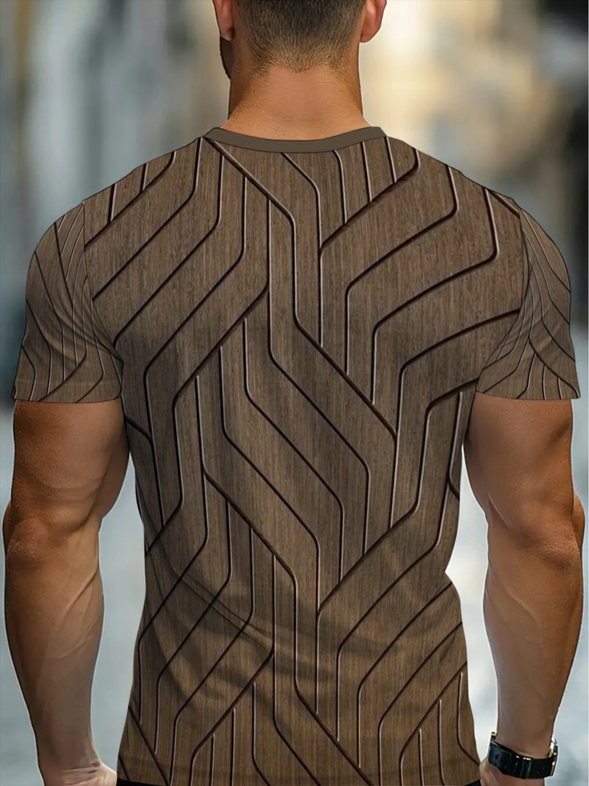 [Print Design-Not Textured] Men'S Casual Athletic Short Sleeve T-Shirt, Geometric Pattern, Lightweight Polyester Fabric, Brown Tone, Perfect for Outdoor Activities And Casual Wear, Durable And Breathable Design - Mixed colors