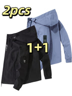 Men's Lightweight Softshell Jacket with Hood, 100% Polyester Solid Color, Regular Fit, Long Sleeves, Zippered Pockets, Outdoor Casual Style - Black+Blue