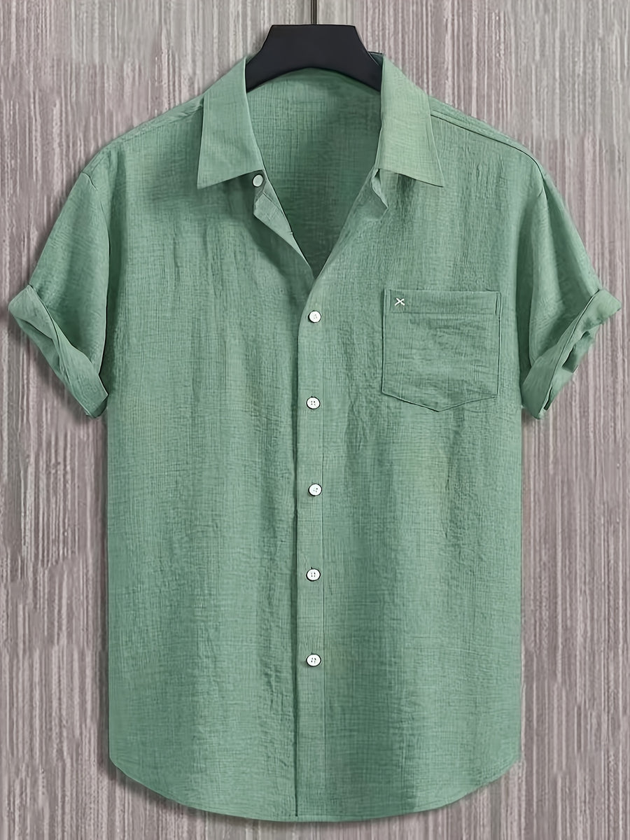 Men's Casual Multi-functional Daily Short-Sleeve Shirt with Single Pocket Embroidery, Summer Men's Shirt - Olive Green