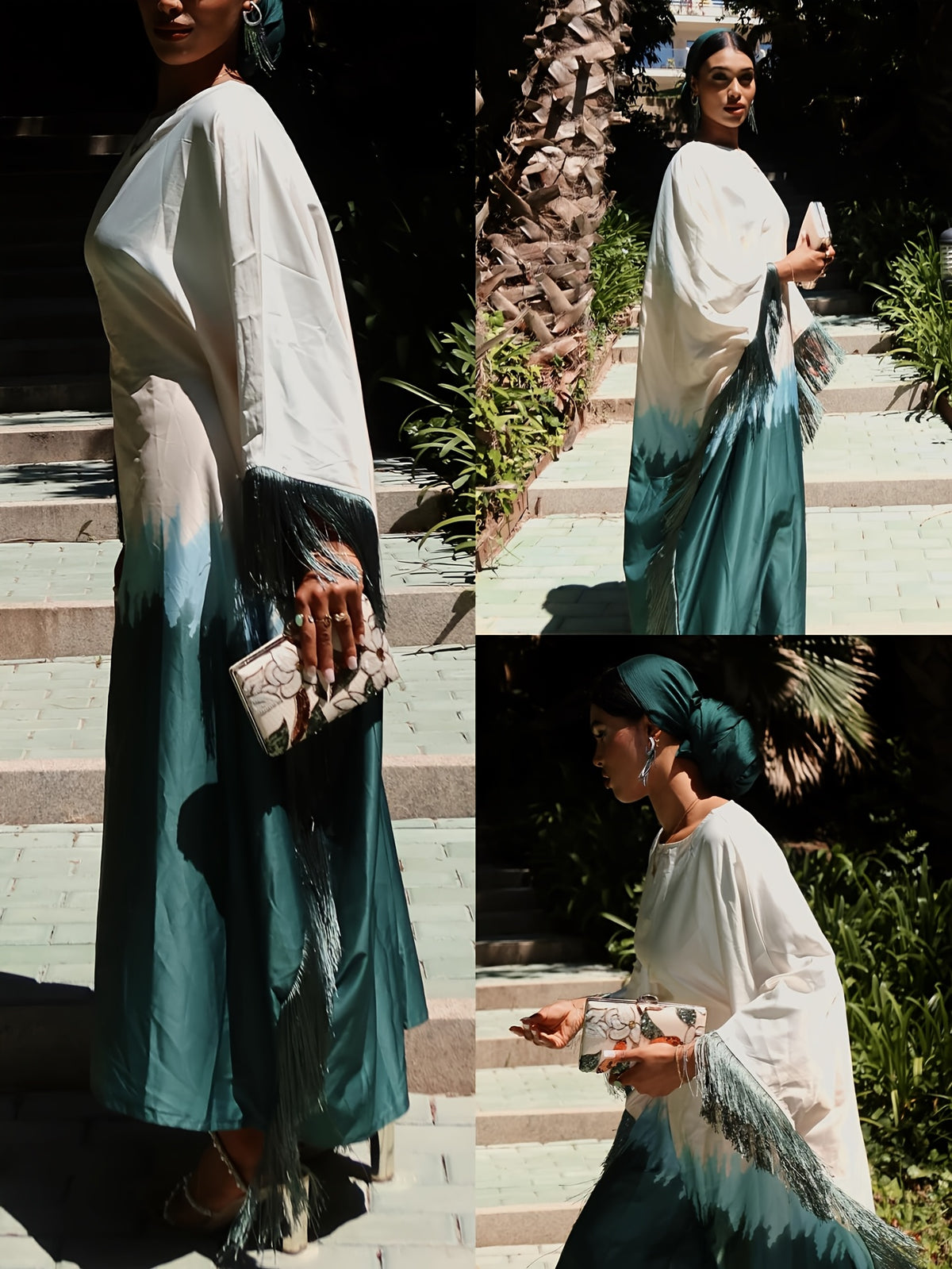 1pc Elegant Tie-Dye Tie Dye Fringe Casual Polyester Printed Fashion Abaya Open Front Robe - Olive Green