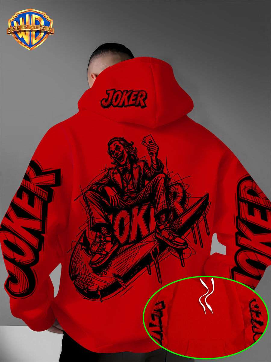 Authorized by Warner Bros., Joker Graffiti Style Print, Hat Design Pattern, Multi-Functional Street Style Men'S Hoodie, Comfortable Casual, Suitable for Autumn And Winter - Red