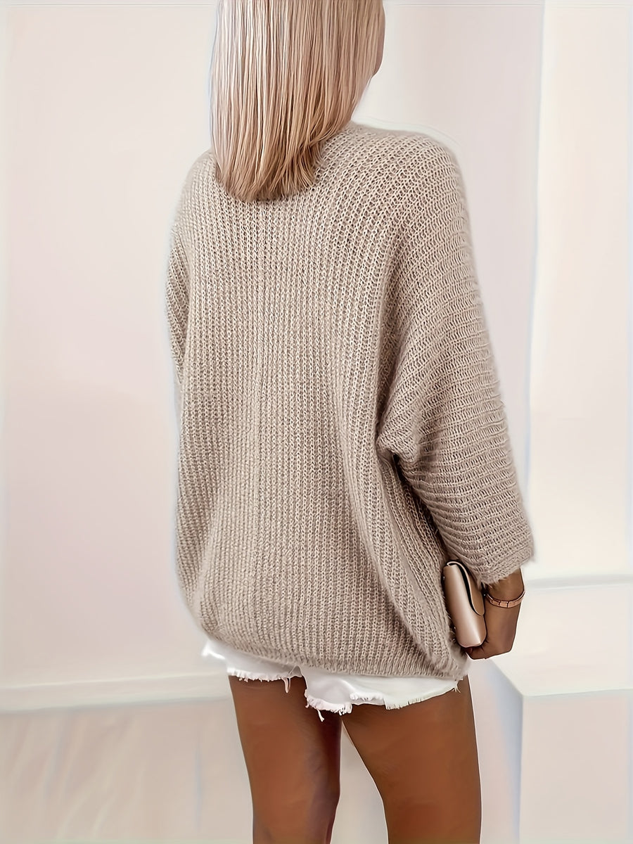 Women's Autumn/Winter Fashion Casual Sweater Cardigan Elegant Solid Color Fabric Top - Khaki