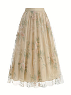 Women'S Elegant Mesh Embroidery Retro Versatile Party Midi Skirt - Apricot