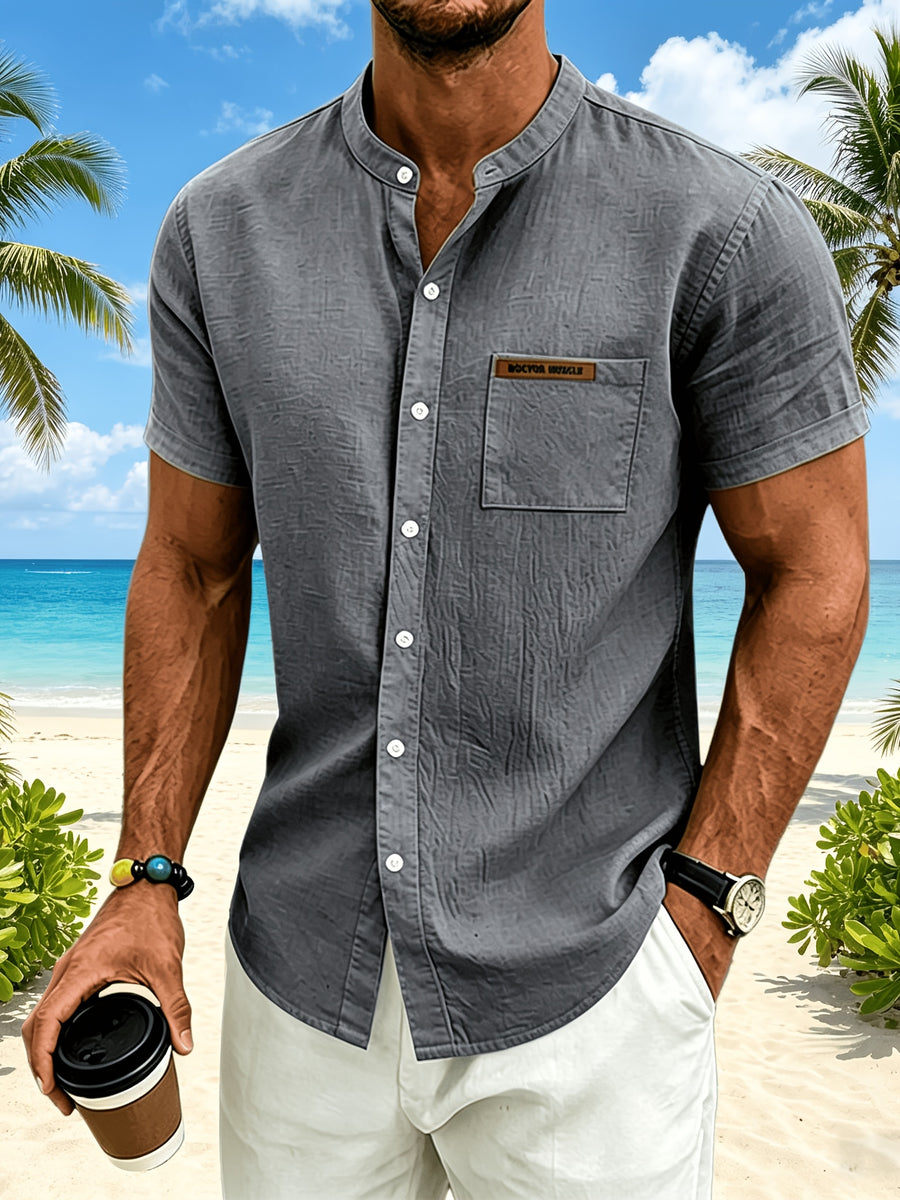 Men's Minimalist Vacation Style Stand Collar Linen Short Sleeve Shirt, 95% Linen 5% Polyester, Breathable with Label Pocket, Fashionable Beachside Pool Casual Shirt - Grey