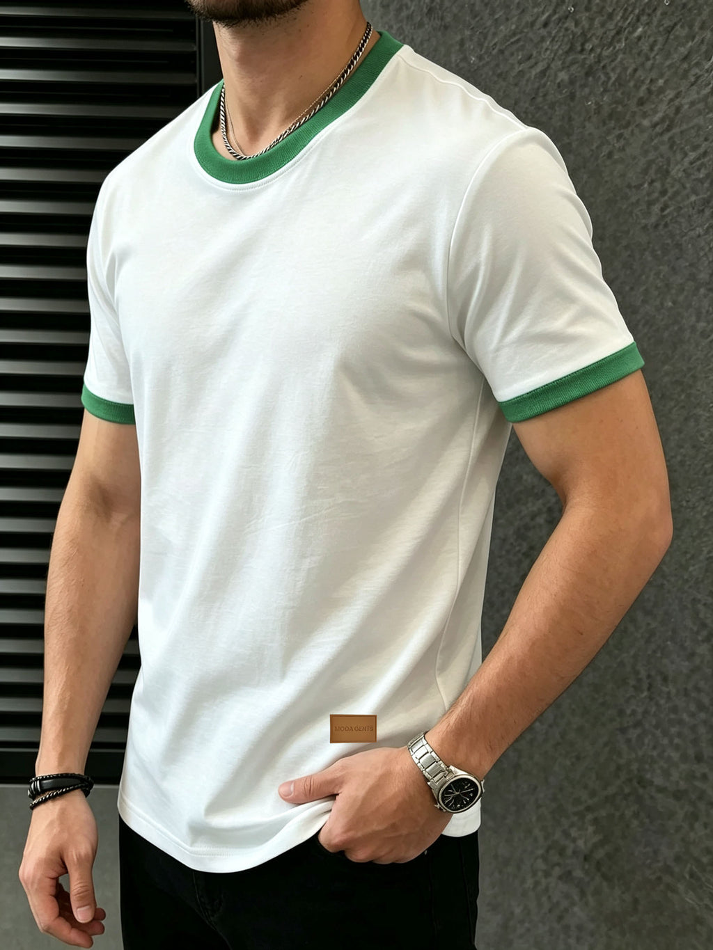 100%, Men'S Knitted Color-Block Round Neck Short-Sleeve T-Shirt, Summer Global All-Season Base Layer Factory Made Men'S Comfortable High-Fit Rate Casual Sports Contrast Patchwork Top - White Green