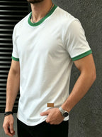 100%, Men'S Knitted Color-Block Round Neck Short-Sleeve T-Shirt, Summer Global All-Season Base Layer Factory Made Men'S Comfortable High-Fit Rate Casual Sports Contrast Patchwork Top - White Green