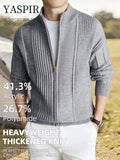 Autumn Winter Men'S Solid Color High Neck Cardigan, Solid Color Striped Design, Casual Elegant Old Money Style, Heavyweight Thick Warm Cold Resistant, Suitable for Daily Casual Sports Outdoor Camping Fishing Wear, Ideal Father'S Day Gift - Clip Grey