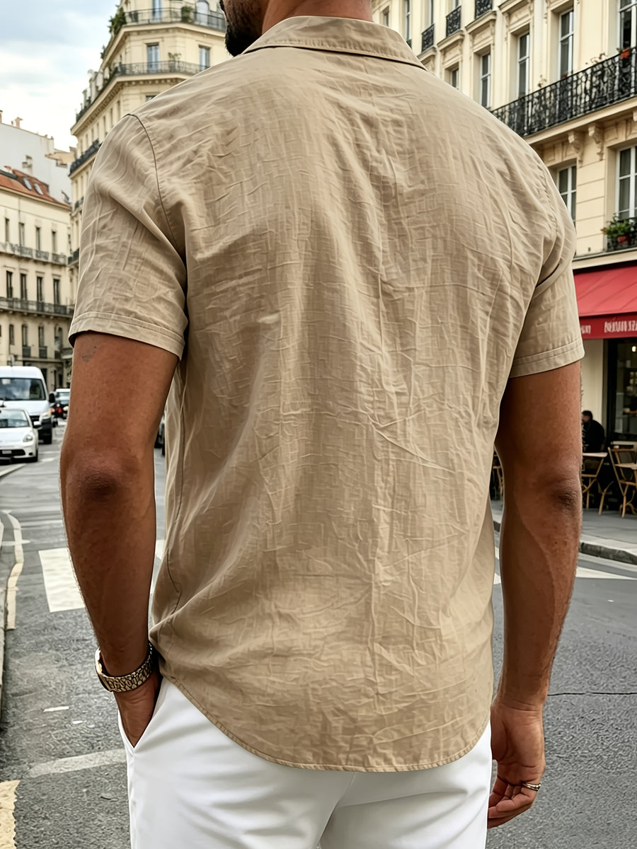 Men's Short-sleeve Shirt, Made of Comfortable and Breathable Fabric, Suitable for Daily Outings, Outdoor Sports, Travel, and Vacations. Lightweight and Airy with a Regular Fit, Ideal for the Beach, Hiking, Evening Wear, and Casual Street Style. - Khaki