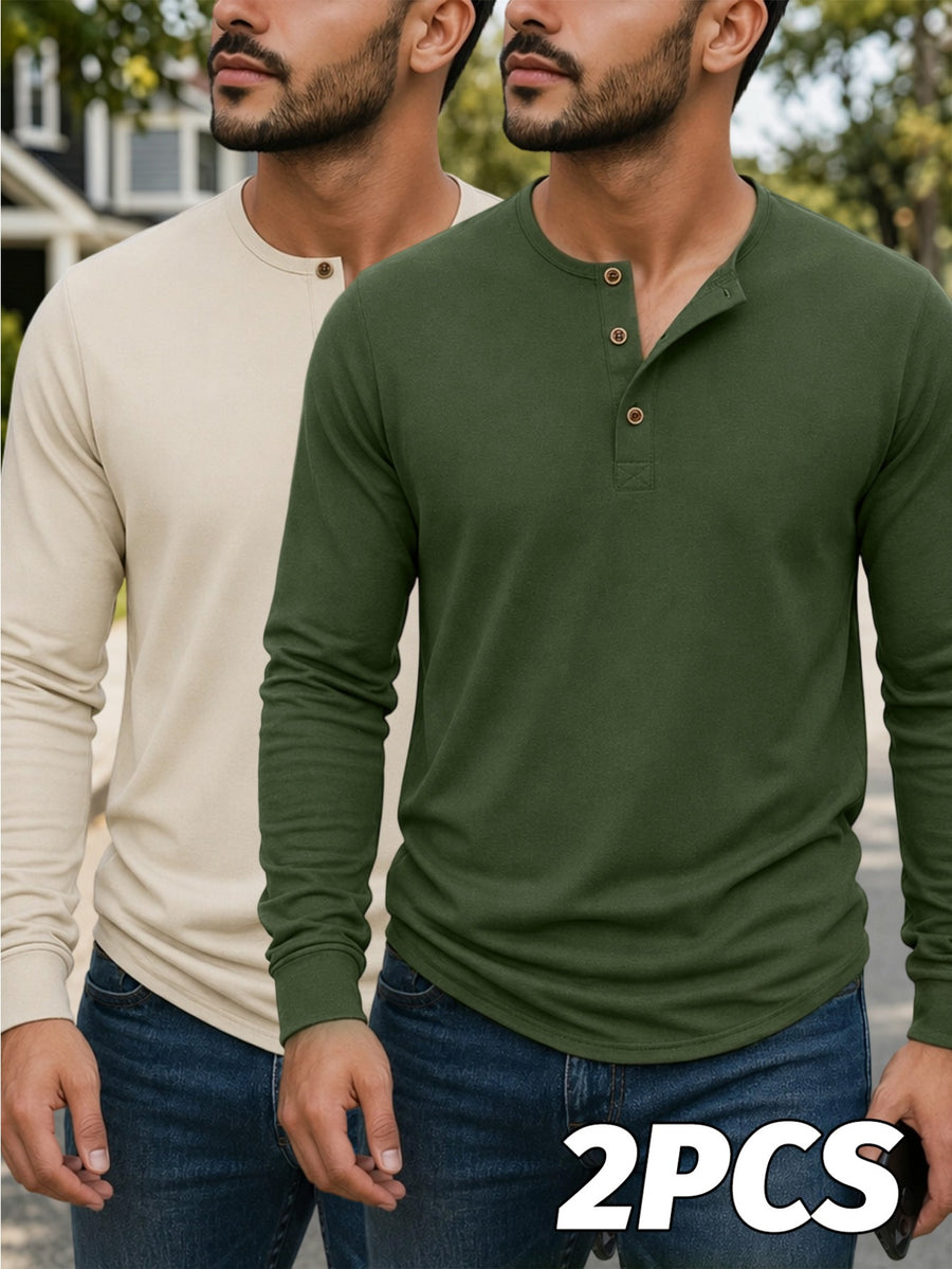 Men's Casual Long-Sleeve Henley T-Shirt 2pcs for Spring, Autumn, and Winter, Breathable and Comfortable Knitted Fabric, Versatile Base Layer, American-Style Casual Versatile Men's Top, Henley Collar + Vintage Buttons, Suitable for Commuting - Green+Khaki